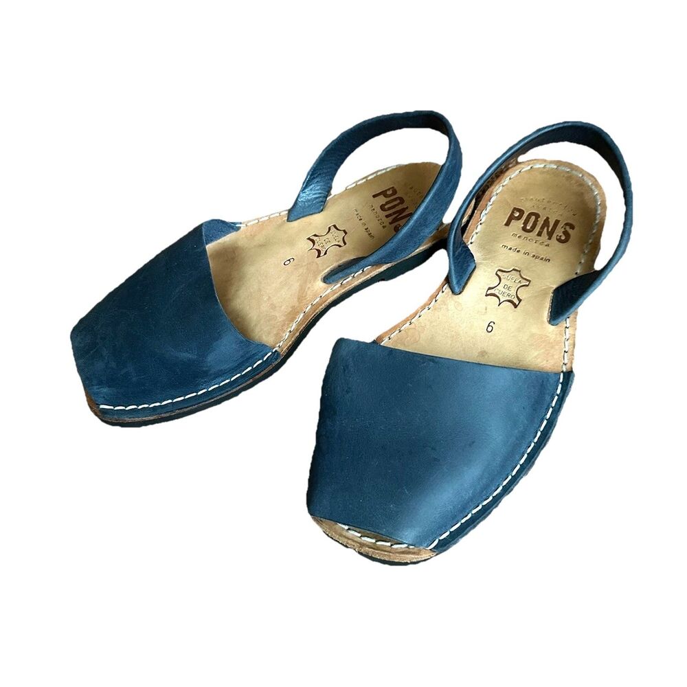 Pons Sandal Women’s 6 Leather Blue Flat Peep Toe Shoe Summer Nautical